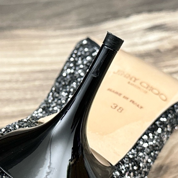Jimmy Choo Isabel Coarse Glitter Fabric Silver/Black peep toe kitten heel EU 38 - Picture 10 of 14